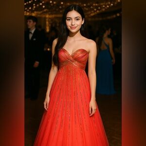 Tiffany Coral Colored Size 14 Sequined Strapless Prom Dress with Corset Back